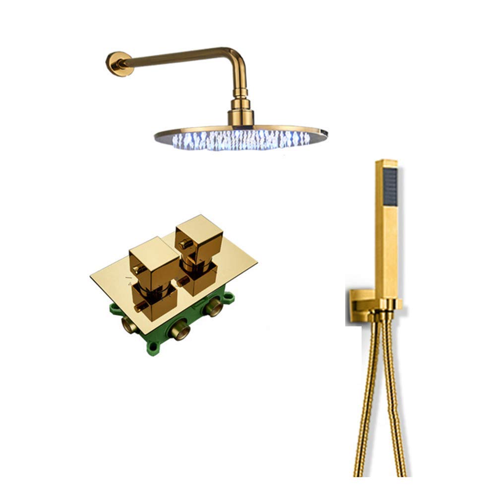 CWCQGH Thermostatic LED Rain Mixer Shower Combo Set Wall Mounted Bathroom Shower Faucet Set with Round Shower Head, Handheld Shower, Embedded Box,12 Inches,16 Inches