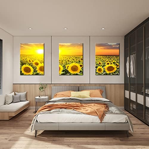Sunflower Wall Art Canvas Decor - For Indoor Modern Home Decoration Prints Framed Set of 3 Pieces Sunflower Painting Yellow Pictures Artwork Decor for Bathroom Living Room Bedroom Kitchen 12x16 Inches