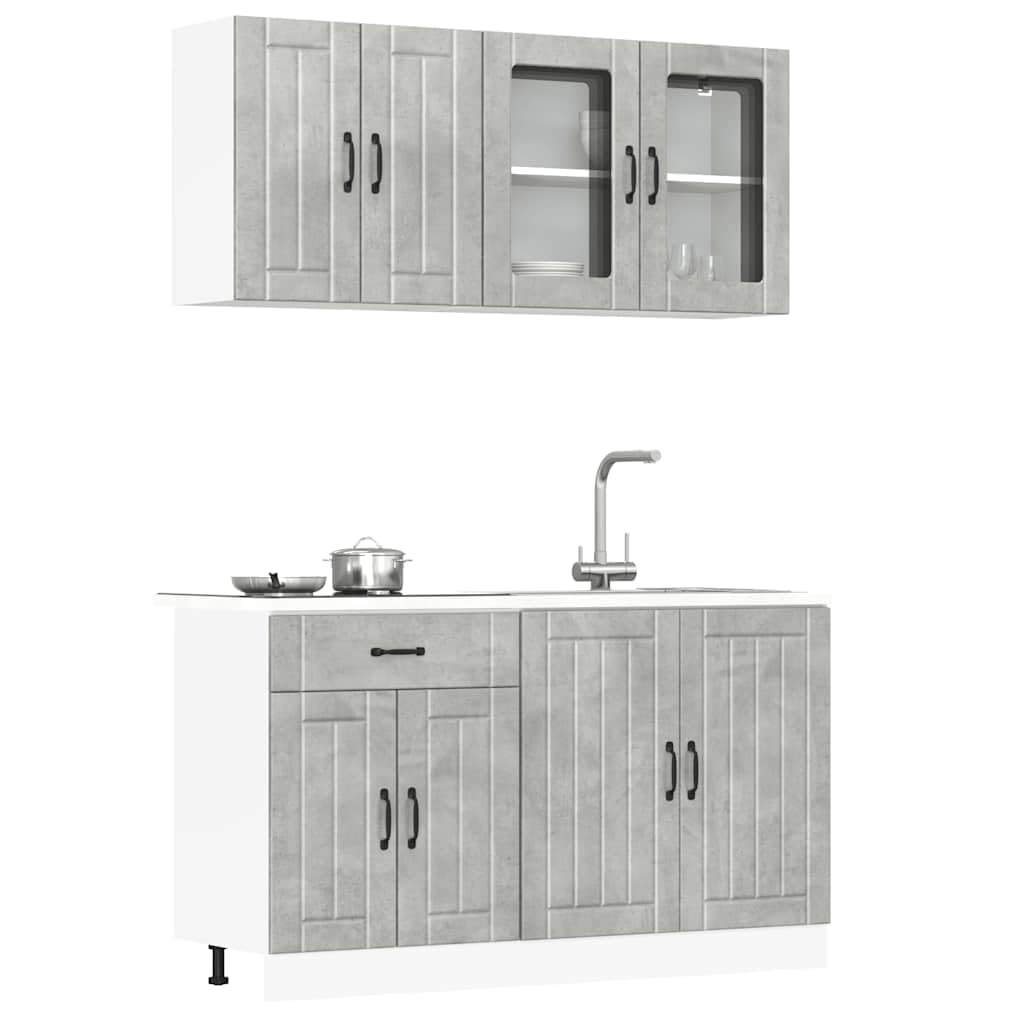 4-TLG. Küchenzeile Lucca Betongrau - Modernes Küchenschrank-Set aus Holzwerkstoff mit Glasvitrine, Spülenunterschrank und Hängeschränken für optimale Stauraumnutzung in der Küche