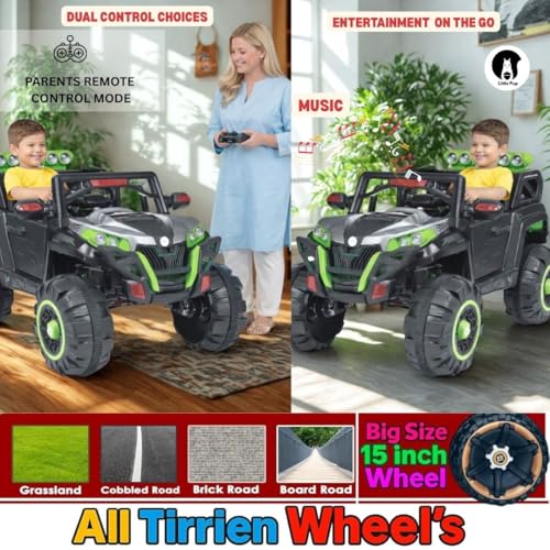 Image of Little Pup Battery Operated 4x4 Big Size 12V Battery Ride On Truck, Jeep for Kids Drive 2 to 10 Years | Motor for Steering | Remote Control | Suspensions | Jumbo Driving Car (Grey Green)