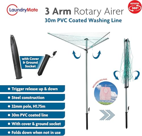 Siam Express 3 Arm 30m Rotary Steel Laundry Airer, Outdoor Clothes Drying Rack, Folding Washing Line, INCL. Cover, Ground Socket & Peg Bag, 360 Degree Rotary, Weatherproof, Height 1.75m - Image 3
