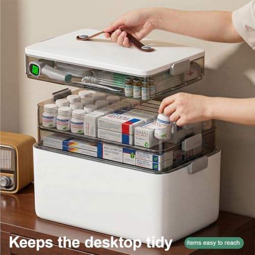 Image of Spreezy 4-Tier Medicine Storage Box for First Aid, Craft, Art, Sewing | Portable Cabinet with Leather Handle, Lid & Clasp, Large Capacity Multifunctional Storage Box, for Home, Dorm / Office