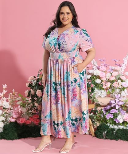 Image of CARCOS Plus Size Dresses for Curvy Women V Neck Summer Maxi Dress Short Sleeve Floral Boho Dress Smocked Waist Beach Dress