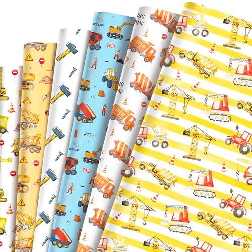 SunPhoenix Construction Wrapping Papers - 6 Sheets 27 x 20 Yellow Digger Tractor Truck Gift Wrap Paper for Kids Boys Construction Birthday Baby Shower Party Favors