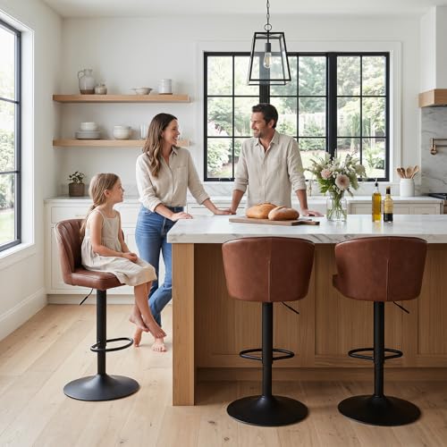 Image of EALSON Swivel Counter Height Bar Stools Set of 2 Modern Adjustable Bar Chairs with Back Leather Upholstered Barstools with Metal Base Comfortable Island Chairs for Kitchen Counter /Pub, Brown