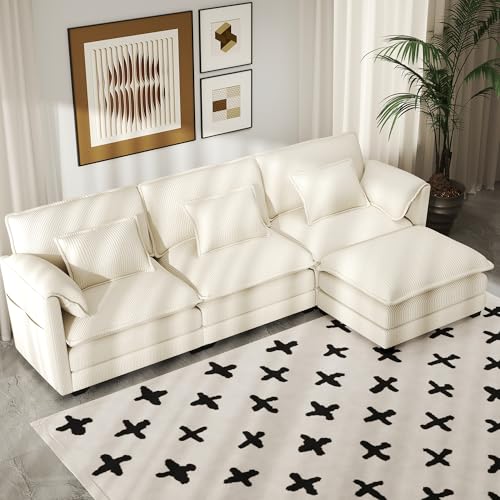 Real Relax 111'' Modular Sectional Sofa, L Shaped Corduroy Convertible Couch with Movable Ottoman, 6 Pillows and 2 Armrest Pillows for Living Room, Office and Leisure Places, Beige Corduroy-