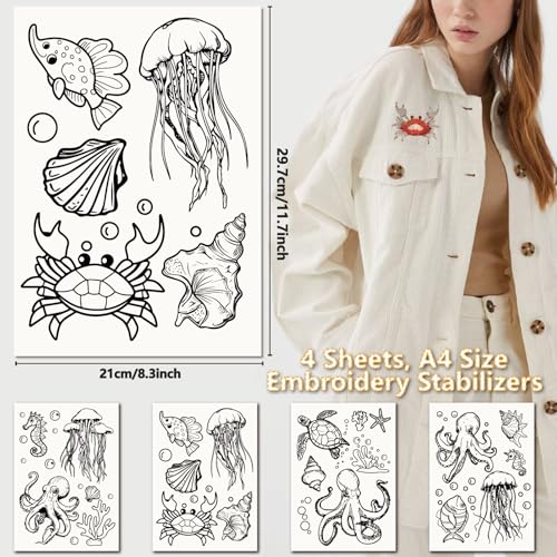 CRASPIRE 21Pcs Sea Animal Water Soluble Embroidery Stabilizers Marine Animal Jellyfish Turtle Hand Sewing Stick and Stitch A4 Transfers Fabric Wash Away Self Adhesive for Cloth Sewing Lovers
