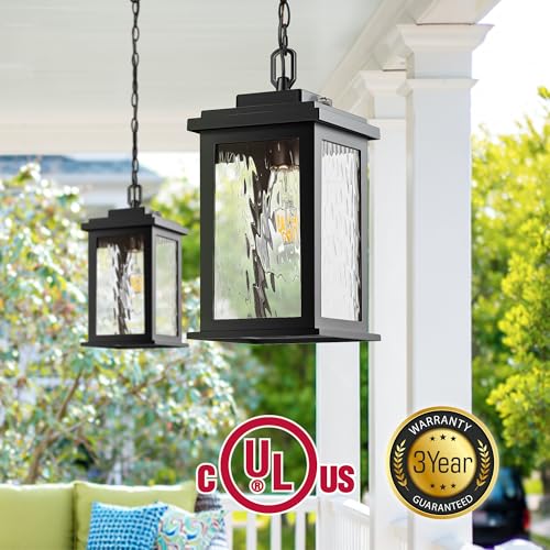 Image of Gleamz Dusk to Dawn Outdoor Pendant Lights for Porch with Water Glass | Black Waterproof Aluminum Hanging Porch Light with Adjustable Chain, Outside Chandelier for Porch, Patio, Driveway, 1 Pack