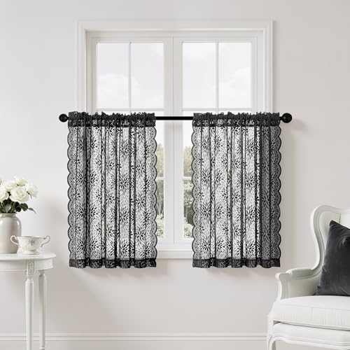 Image of MIULEE Black Floral Lace Curtains 2 Panels, Black 52 inch W x 36 inch L