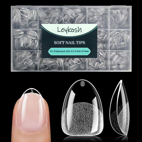 Image of Leykosh Extra Short Almond Nail Tips - 15 Sizes 330PCS Soft Gel Fake Nails, Half Matte Full Cover Pre-Shaped Clear Press On Acrylic Nails No C Curve for Extension, DIY Home Manicure Beauty Gifts
