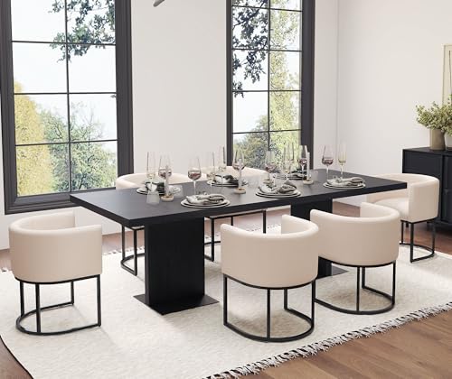 Image of HNY Mid Century Modern Upholstered Barrel Dining Chairs with Arms Set of 6, Linen Kitchen & Dining Room Chairs, 18.5 inch Wide Accent Chairs for Dining Room Living Room with Black Metal Frame, Cream