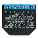 Shelly 2.5PM WiFi relay switch for controlling two electrical circuits with a maximum output of 2.3 kW, compatible with Amazon Echo and Google Home