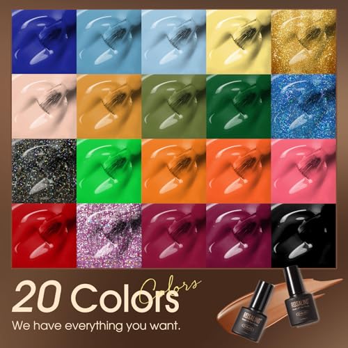 Image of ROSALIND 24pcs Gel Polish Set with 4 Bottles of Base and Glossy Matte Glitter Top Coat Yellow Purple Blue Gel Nail Polish Set Bright Colors Gel Nail Set for Women