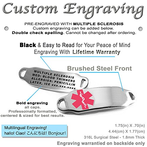 My Identity Doctor - Pre-Engraved & Customized Multiple Sclerosis Bracelet, Black/White Millefiori Glass Pattern, Pink #TOP1