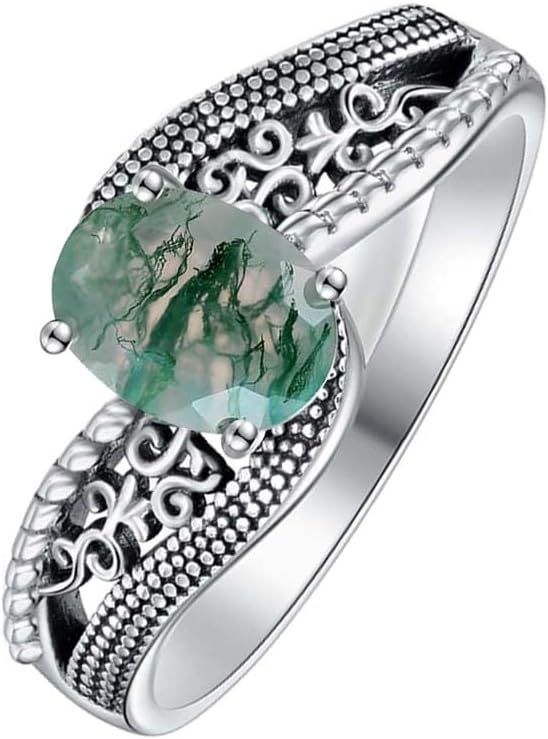 Vintage Natural Moss Agate Promise Statement Ring 925 Sterling Silver Moss Agate with Retro Oxidized Filigree Anniversary Engagement Ring for Women Gifts Size 5-12