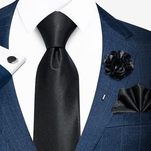 Image of Solid Color Ties Set Men Handkerchief Cufflinks Brooch 3.15 inches Classic Formal Necktie Pocket Square Set
