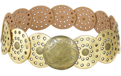 Wide Disc Belt for Women Vintage Leather Hollow Out Round Belt Western Waist Belt