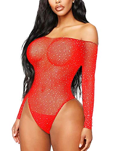FasiCat Lingerie feminina sexy de renda flexível arrastão, body de malha, Vermelho, One Size
