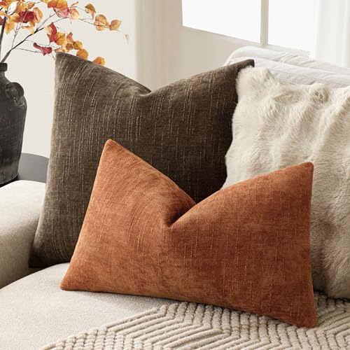 Image of Foindtower Pack of 2 Textured Chenille Throw Decorative Pillow Covers Square Accent Solid Cushion Cover Neutral Farmhouse Lumbar Pillow Case for Couch Sofa Bedroom Living Room 12x20 Inch,Orange