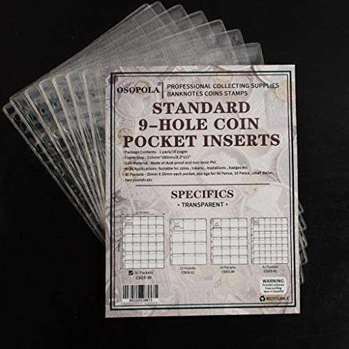 300 Pockets Coin Binders Pages - 1.38 Inch Holders 10 Pcs Loose-Leaf Sheets Acid-Free Collection Holders For Medallion Coin Stamp Currency Collecting Supplies 35X35Mm / 1.38X1.38 Inch Cs03230 #TOP6