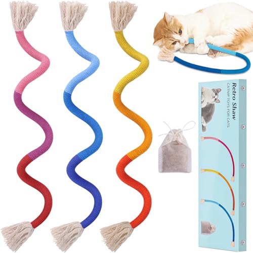 Retro Shaw Cat Toys Chew Rope, 3Pcs Cat Ropes Toys with Catnip, Interactive Indoor Safe String Kitten Teething Toy Kitty Kicker 23.6 Inches