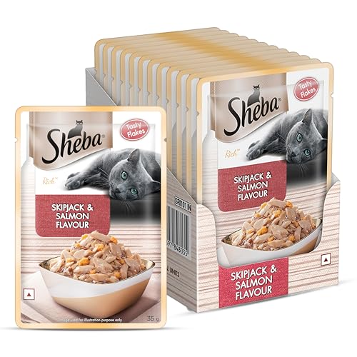 Image of Sheba Rich Premium Adult (1+ Years) Wet Cat Food, Skipjack & Salmon Flavour, 35 g Pouch (Pack of 12), High-moisture wet food for healthy hydration