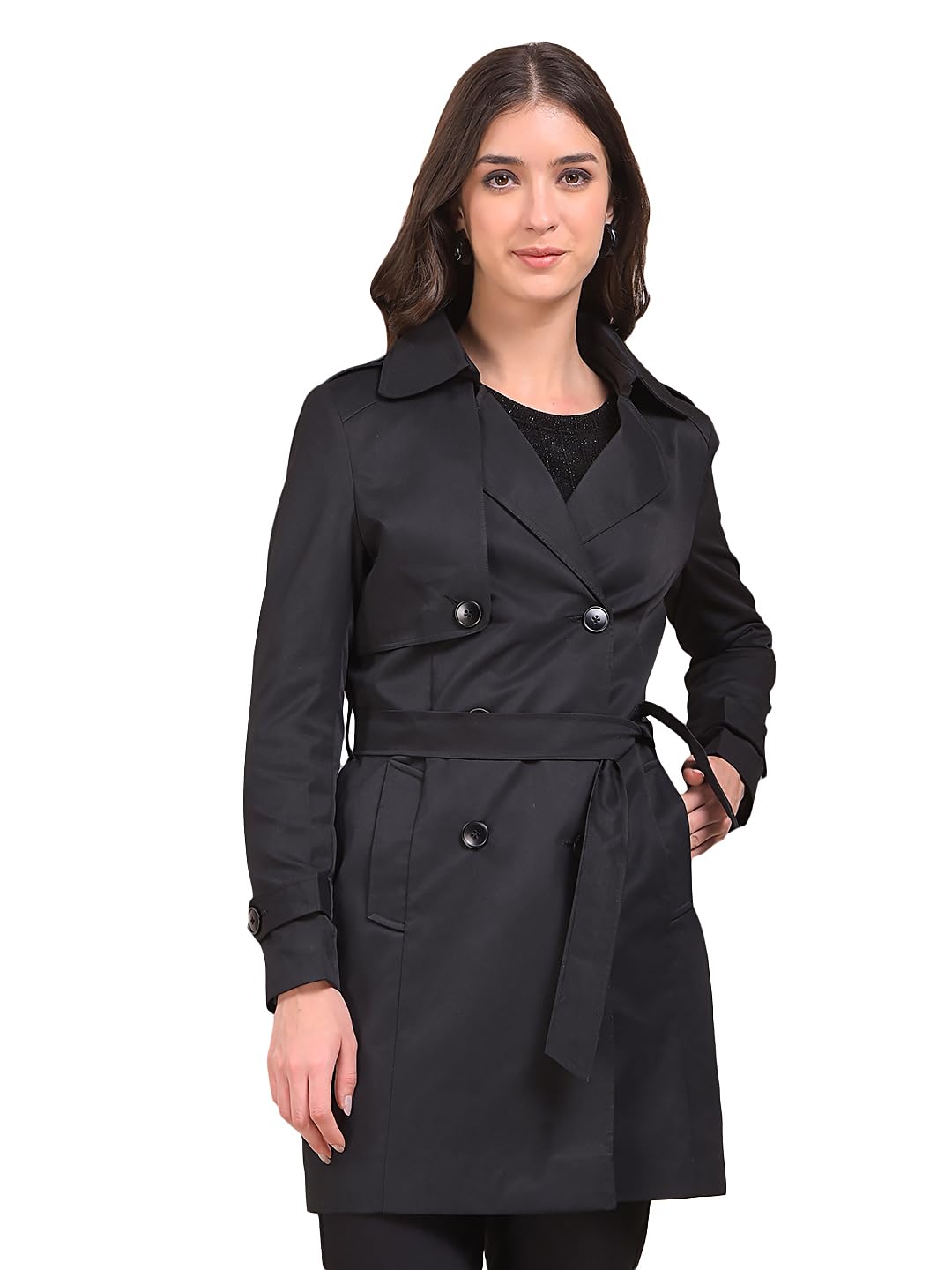crimsoune club Women's Black Notched Lapel Double-Breasted Overcoat With Belt-picture-30