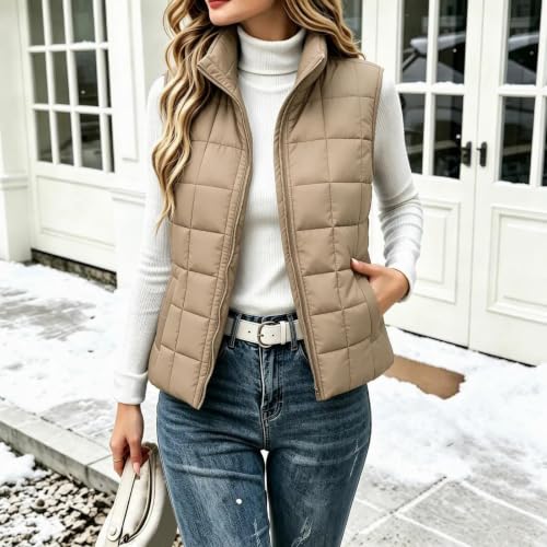 XOGWVJ Puffer Vest Women Lightweight Quilted Sleeveless Jacket Stand Collar Zip Up Warm Fall Winter Casual Outerwear Coat Women's Vests Dressy Casual Khaki S - image 8