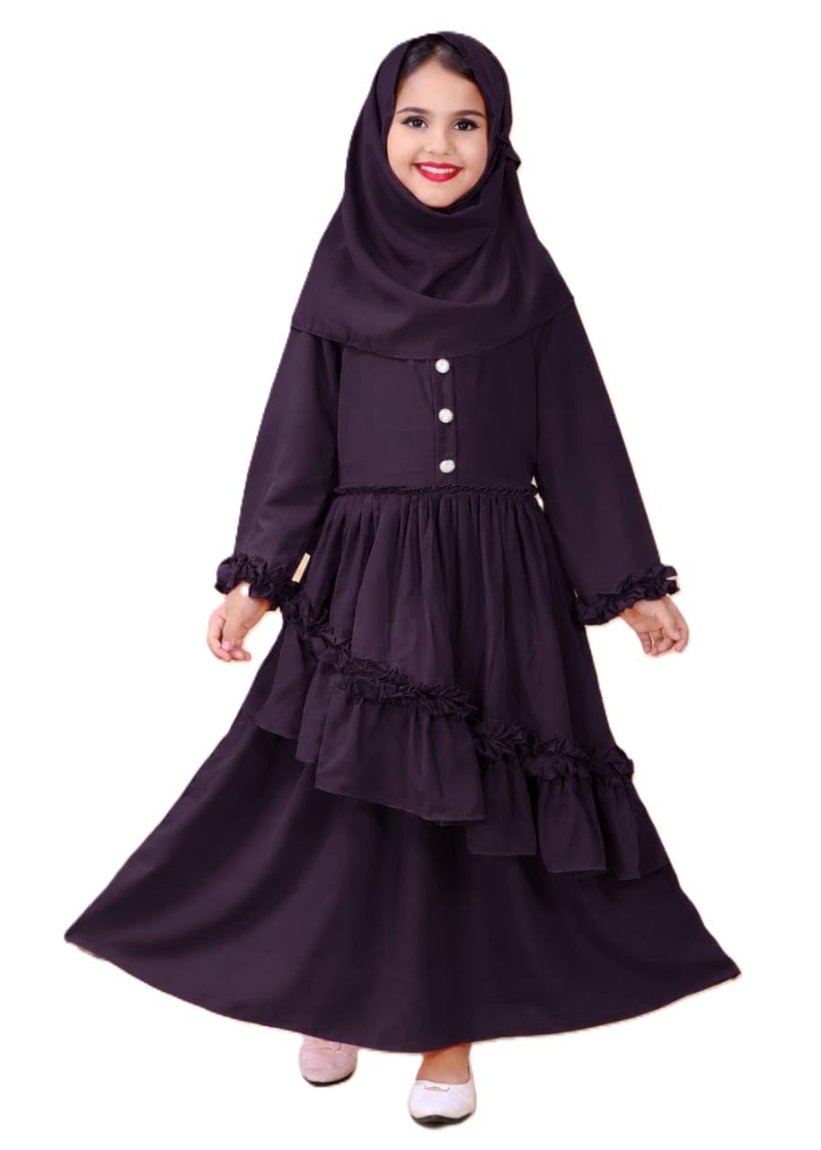 Firdouse Girls Abaya with Hijab | Pleated Maxi Dress for Kids | Bow Embellished Islamic Modest Dress | Ruffle Hem Full Sleeve Muslim for Girls-image-14