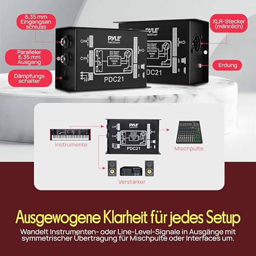 Pyle Passive DI Box mit Ground Lift, Direct Injection Box Gitarre, Bass & Keyboard, 6,3 mm Klinke, Störungsfreie Signalübertragung, Brumm-Unterdrückung, Robustes Metallgehäuse für Bühne & Studio