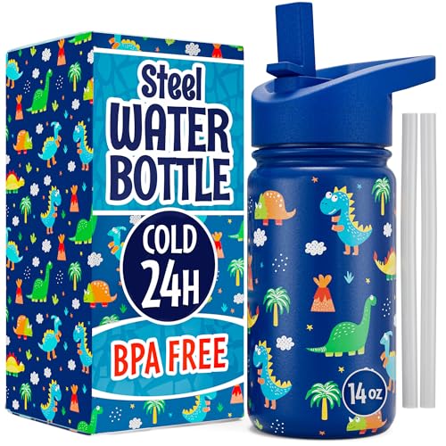 Klevly Stainless Steel 14 OZ Kids Water Bottle with Straw | BPA-Free Insulated Water Bottle with Leak-Proof Lid | Dinosaur Kids Water Bottle for School | Kids Stainless Steel Water Bottles