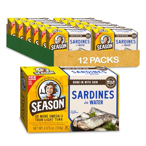 Season Sardines in Water - Wild Caught Fish, 22g of Protein, Keto Snacks, More Omega 3's Than Tuna, High in Calcium, Canned Sardines - 4.37 Oz Tins, 12-Pack