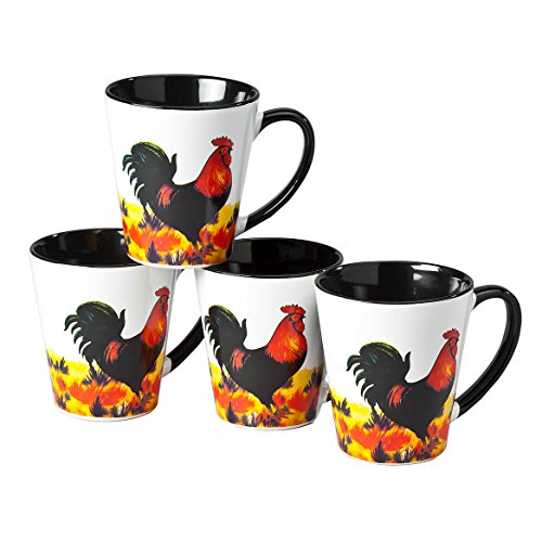 WalterDrake Rustic Rooster Coffee Mugs, Each 8 oz. – Set of 4 Glazed Ceramic Mugs