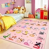 Bolacrom Kids Rugs for Playroom, 3x4 Feet Educational Rug for Learn The ABC Alphabet, Soft Machine Washable Non-Slip Cute Cartoon Animals Carpet for Classroom Toddler Nursery Kids Room Decor, Pink