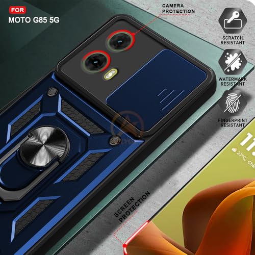 Image of Armor Bumper Back Cover Case for Motorola Moto G85 5G Rotating Camera Cover, Ring Holder & Kickstand | Heavy Duty & 360 Degree Protection Motorola Moto G85 5G Back Cover (Blue)