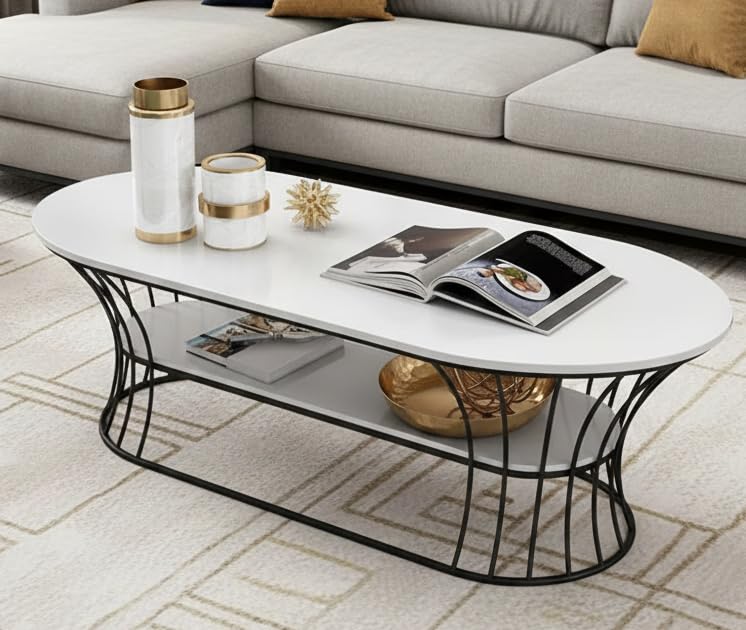 Image of Metal Oval Coffee Table Living Room Sofa Side Cabinet Small Table Creative Household Removable Coffee Table (Black White)