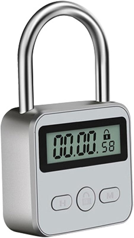 Candado con temporizador de metal, bloqueo de tiempo máximo de 99 horas, candado con temporizador recargable por USB con pantalla LCD, candado con temporizador micro electrónico multifunción, candado de tiempo de espera de metal resistente(Plata)
