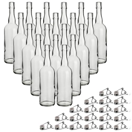 gouveo 20er Set Glasflaschen rund mit Bügelverschluss - Bügelflasche 750 ml zum Befüllen - Bügelverschlussflasche für Wasser, Limonade, Saft und Spirituosen (BFR750)