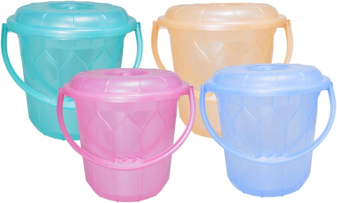 Durable Small Plastic Bucket 5 LTR with Lid & Handle|Easy to Carry,Stackable & |Water Storage& Cleaning Bucket Home,Bathroom,Kitchen,School,Office & Hospital |Set of 4 | Green Blue Yellow Pink