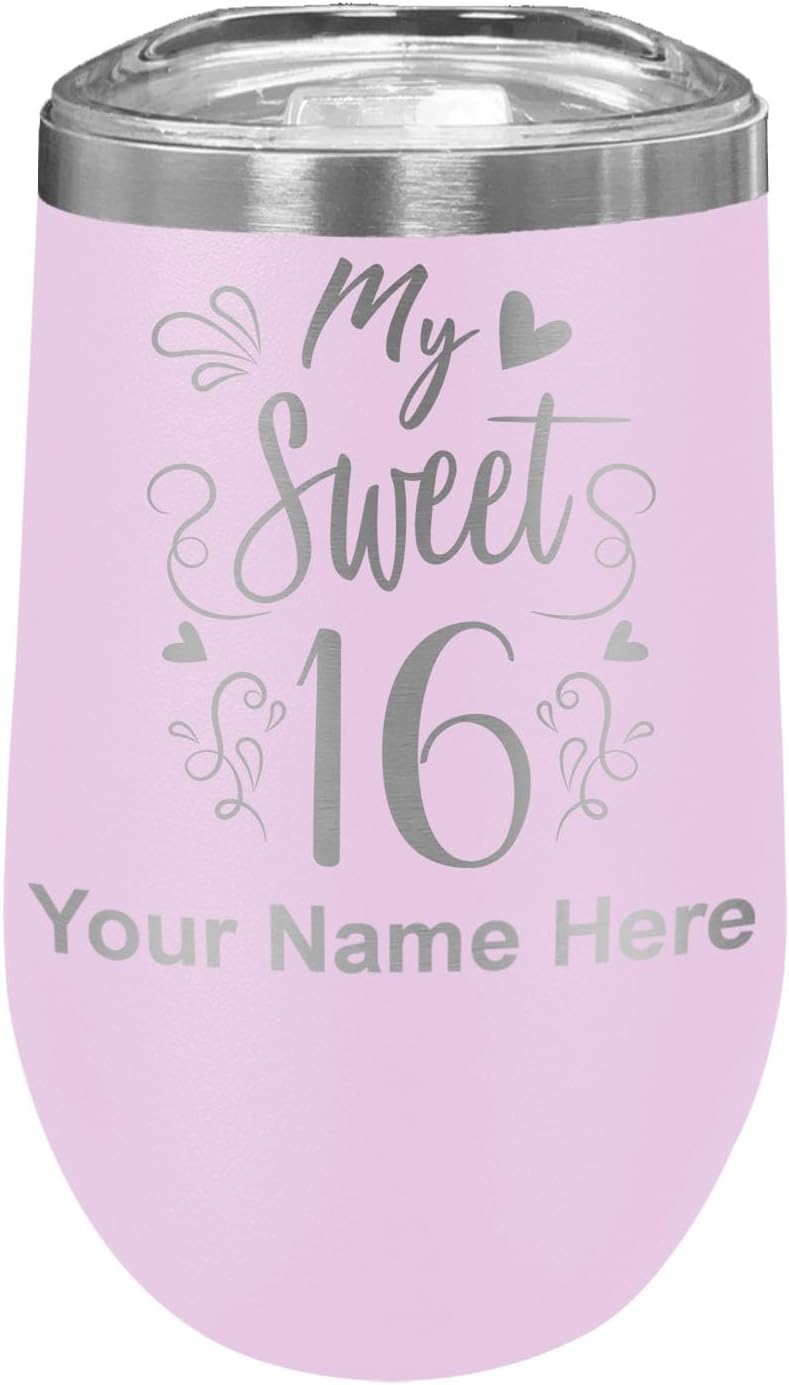 LaserGram 16oz Double Wall Stainless Steel Wine Glass Tumbler, My Sweet 16, Personalized Engraving Included (Light Purple)
