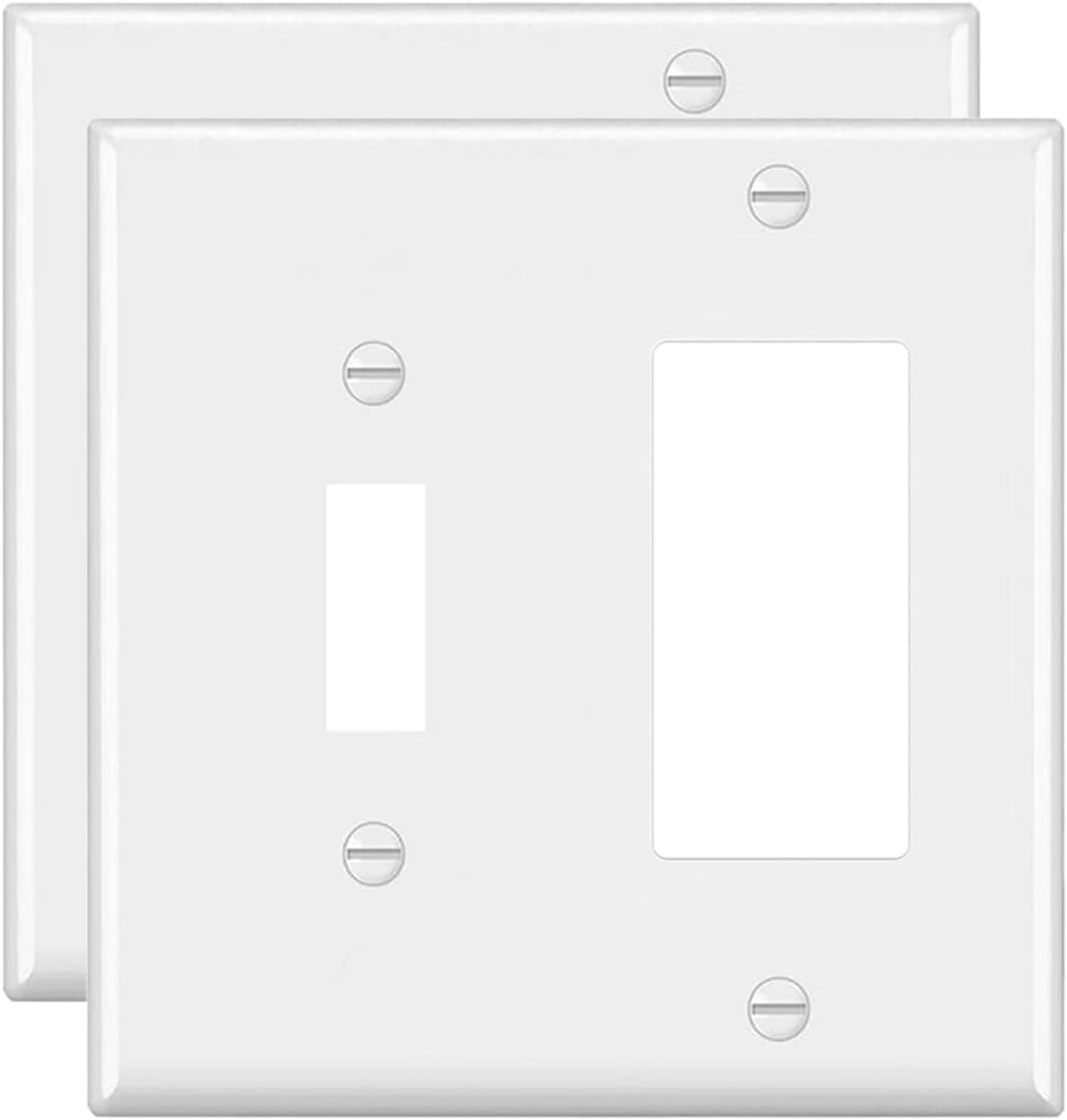 Light Switch/GFCI Device Wallplate,2-Gang (1-Toggle,1-Light Switch Wall Plate Combination),Smooth Face, White,Standard Size 4.50" x 4.57",Unbreakable Polycarbonate Thermoplastic,UL Listed,2-Pack
