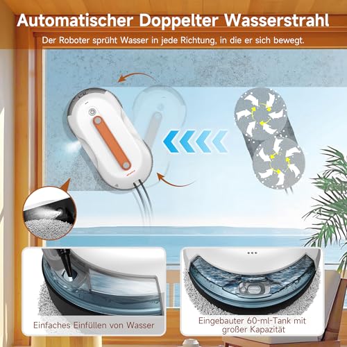 AlfaBot X7 Pro Fensterputzroboter, Intelligenter Fensterputz-Roboter Beidseitige • Sprühfunktion • Großer Wassertank • Streifenfreie Reinigung für Glas, Fliesen & Glatte Oberflächen – Bild 5