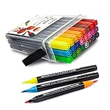 AIHAO Markers for Kids,Washable Markers With Stand Portable Box,Dual Tip Set, Brush & Fine Tips, 24 Pack, Art Supplies for Coloring, Doodling, Sketching, Drawing, Journaling