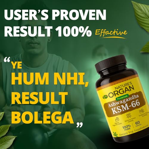 Image of Nature's Organ Ashwagandha KSM-66-500mg for Vitality, Extra Strength & Power with Stress Relief, Sleep Support & Immunity | Premium Root Extract for Men & Women | 60 Capsules