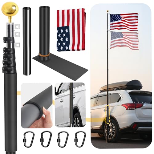 20FT Tailgate Flag Pole with Tire Mount, Fits RV Pickup SUV Sedan, Portable RV Flag Pole with 20' High-Density Foam Protective Tube, Thickened Aluminum Flag Pole with an Flag, 60 MPH, Dual Flag Mount