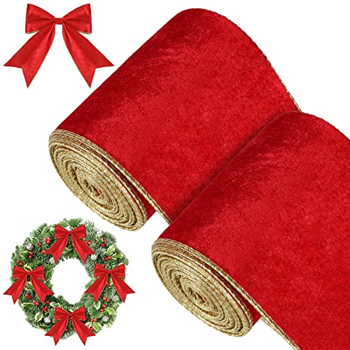 WILLBOND 2 Rolls Christmas Wired Ribbon, 4 Inch X 6 Yards, Red