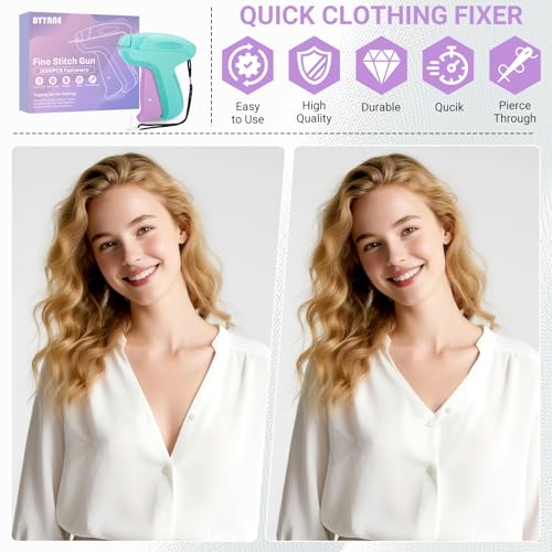 Image of Stitch Gun for Clothes - Handheld Quick Clothing Fixer - Tagging Gun for Clothing, Sewing Kit - Includes 6 Fine Needles, 1000 White & 1000 Black Fasteners (Purple Green)