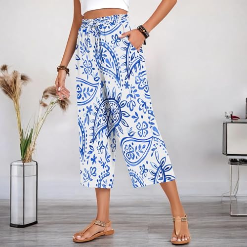 Womens Capri Pants Paisley Print Summer Casual Wide Leg Pants Drawstring Elastic Waist with Pockets3