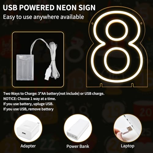 Image of Number 8 LED Neon Sign Backdrop Birthday Party Decoration, 11.3 inch Height Warm White Marquee Number Eight Light Up Sign for Wedding Anniversary Window Wall Table, Indoor Battery Operated or USB
