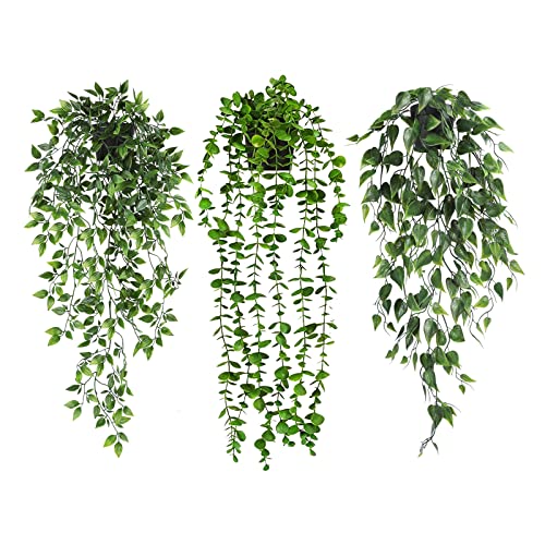 Jpsor 3Pcs Fake Hanging Plants, Artificial Hanging Plants Kit, Potted Greenery Faux Eucalyptus Vine Golden Pothos Mandala Vine In Black Pot For Wall Room Patio Office Table Decor #TOP21